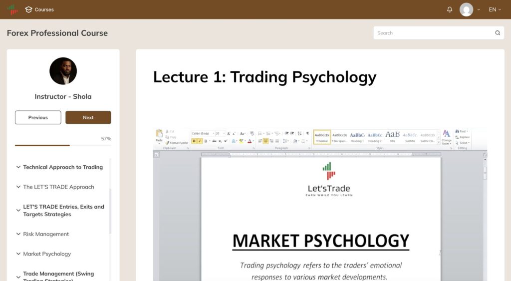 Inside the Forex Professional Course: lessons, modules and progress in the student portal